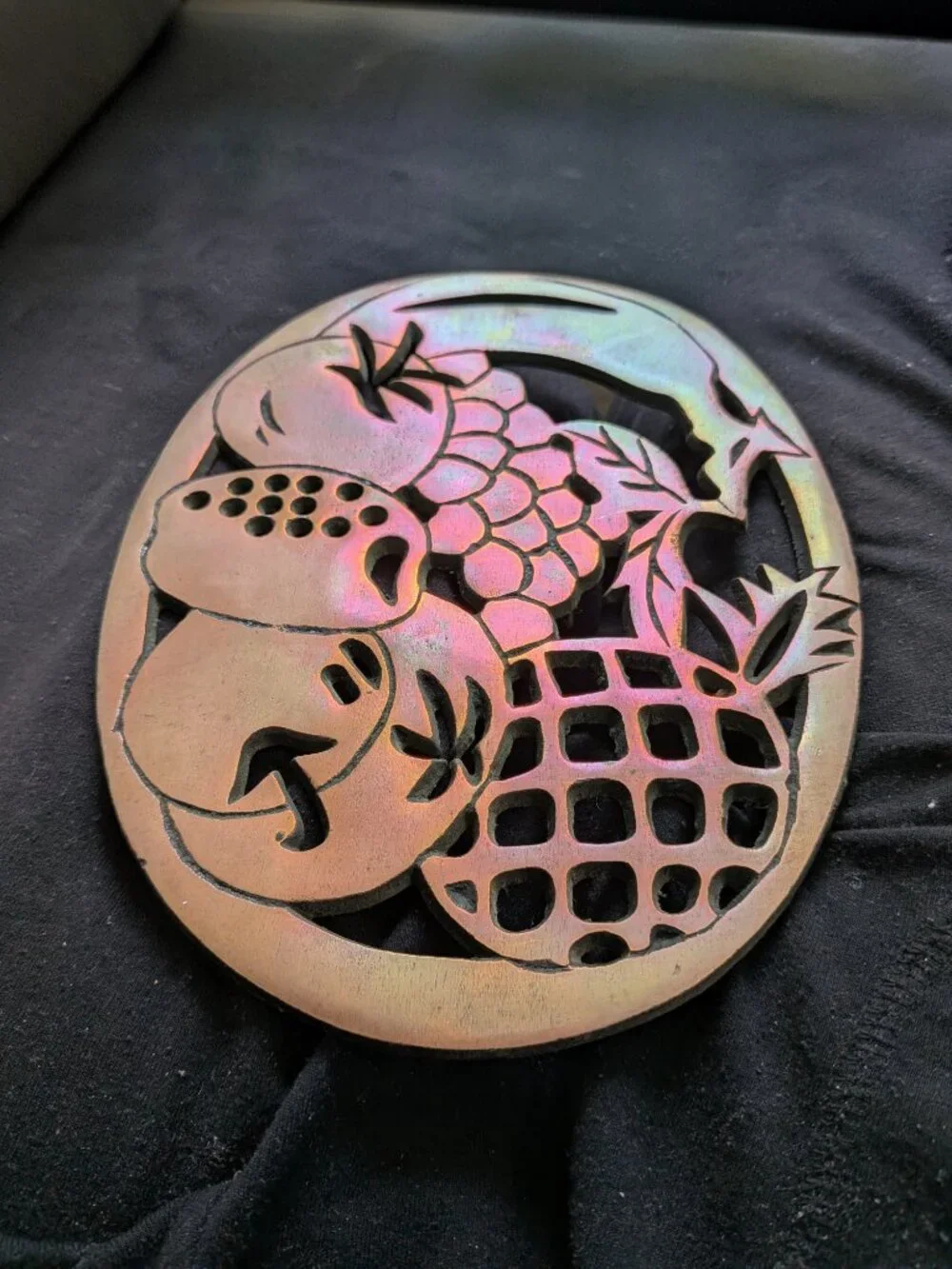 Vintage Old Dutch Design Copper Fruit Trivet Iridescent Rainbow Patina Wall Hang